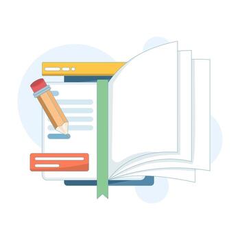 illustration of notebook and pencil writing notes. Represents journalism, interviews, and year-end summary review, symbolizing documentation, reflection, and report preparation. vector