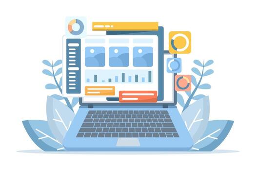 plano ilustración de un administración tablero diseño concepto, exhibiendo datos gestión, analítica, y usuario interfaz. Perfecto para sitios web, aterrizaje páginas, móvil aplicaciones, carteles, y pancartas vector