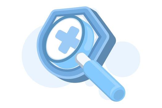 Shield with blue cross and magnifying glass symbolizing security analysis, protection, and medical inspection. Concept of health protection, safety monitoring, and data security check. vector