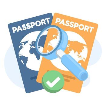 illustration of passport verification concept. Passport with magnifying glass and approved stamp symbolizes travel document check, identity validation, and visa approval process. vector