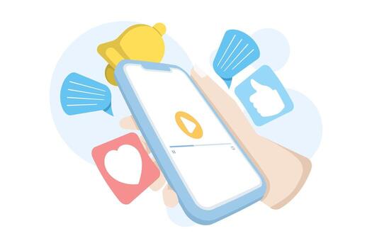 Cartoon-style illustration of a mobile phone with player, comments, and thumbs-up icons, representing social media live streaming, online content, and monetization concepts. vector