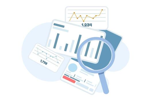 Flat illustration of social media analytics. Dashboard with likes, followers, and engagement stats represents digital marketing metrics, social listening, and content performance tracking. vector