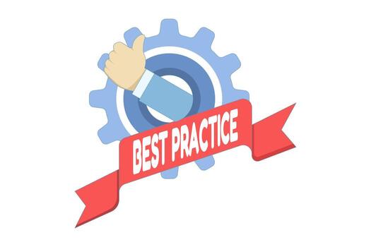 Illustration of a thumbs-up with a gear, symbolizing best practices, top performance, and the most efficient methods to complete tasks effectively in a flat style. vector