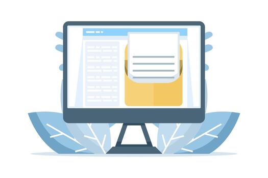 illustration of computer screen showing email inbox interface with new unread message notification. Represents digital communication, email management, and business correspondence concept. vector