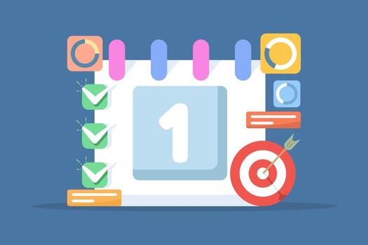 Illustration of achieving goals on schedule, symbolizing daily planning, goal setting, and completing predetermined targets efficiently and on time. vector