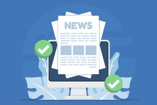 illustration of checking daily news online. Computer screen with articles and check marks symbolizes staying updated, verifying information, and browsing digital media every day. vector