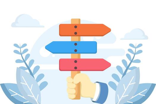 Make a choice in business. Person holding red indicator comparing options and choosing between various alternatives. Decision-making, business direction, and strategy concept with signpost board. vector