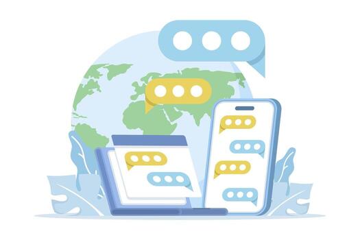 illustration of internet communication and social networking. Concept includes chatting, calls, messaging, and friend search representing online connection and digital interaction. vector