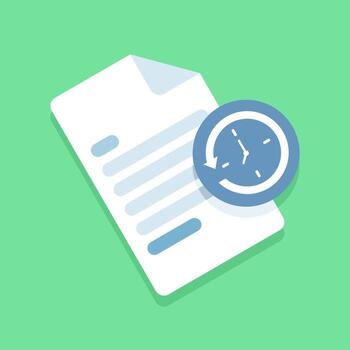 illustration of empty history file status. Depicts a sheet of paper with a rotating arrow and clock symbolizing cleared records, reset data, or no recent activity found. vector