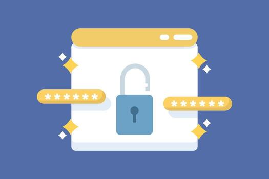 Illustration of passwords and security keys for apps or systems, featuring a padlock, PIN code, and program window, symbolizing cybersecurity and digital data protection. vector