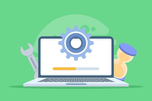 Modern flat system update illustration concept. Depicts computer or mobile software upgrade, maintenance, and performance optimization. Suitable for websites, landing pages, posters, and banners. vector