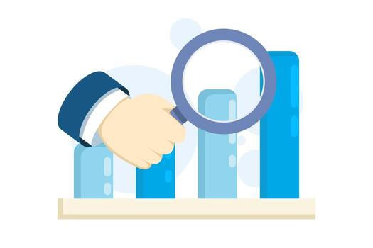 Illustration of market or data analysis with magnifying glass and column charts, symbolizing rising trends, increased revenue, profit growth, and improved sales performance. vector