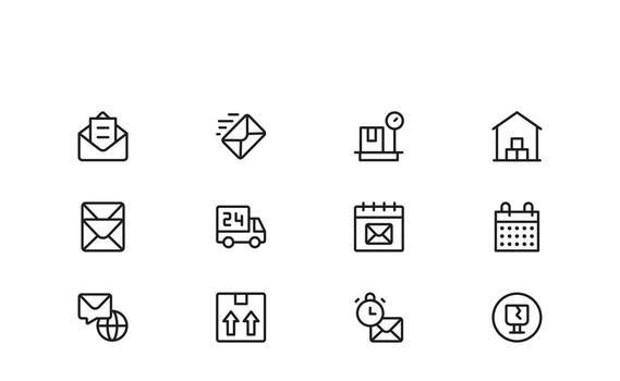 correo y mensajero esenciales único línea icono colección exhibiendo limpio, píxeles perfectos, y escalable línea íconos a la medida para moderno postal vector