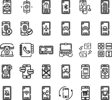 Mobile Phone and App Interface Icon Set. Collection of line icons featuring smartphones, apps, features, communication, settings, and technology symbols for mobile devices and digital use vector