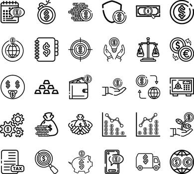 Money icons set for financial and business use. Line set of icons style. Perfect for websites, digital product, UI, presentations, and marketing materials to represent finance and money. vector