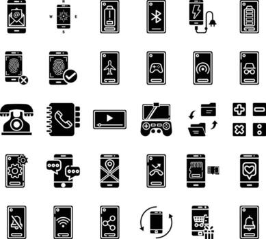 Mobile Phone and App Interface Icon Set. Collection of solid icons featuring smartphones, apps, features, communication, settings, and technology symbols for mobile devices and digital use vector