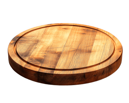 A round wooden cutting board shows its distinctive texture and pattern on transparent background png