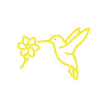 Yellow outline icon of a hummingbird with a flower in its beak against a white background vector
