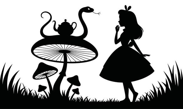 Silhouette of Alice in Wonderland encountering a snake on a mushroom with a teapot vector