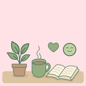 Minimalist illustration of a plant, coffee cup, book, heart, and smiley, creating a cozy study and relaxing mood with soft pastel background. vector