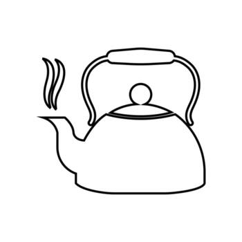 Outline drawing shows a boiling kettle with steam coming from spout on white background vector
