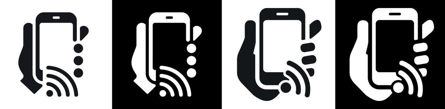 Icon depicting a hand holding a phone with signal waves emanating from it vector