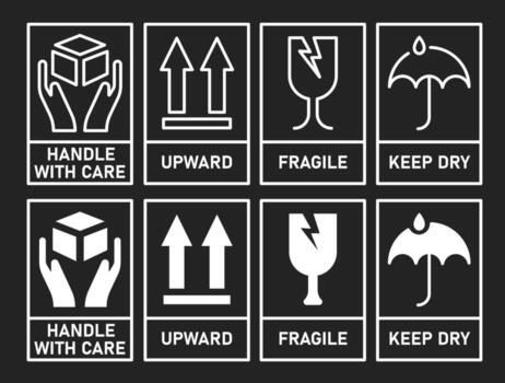 Shipping labels Handle with Care, Upward, Fragile, and Keep Dry symbols. vector
