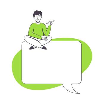 Communication Speech Bubble with Man Character Sitting On Top of It Illustration vector
