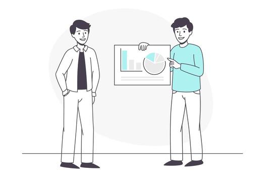 hombre negocio personaje con grafico presentación hablando con compañero de trabajo ilustración vector