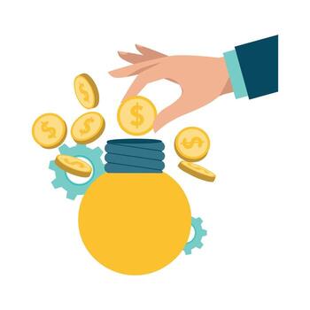Hand dropping gold coins into a light bulb with gears on white background idea innovation vector