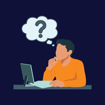 Person thinking at computer with question mark thought bubble vector