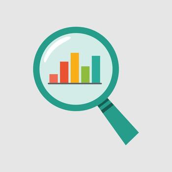 Magnifying glass over a colorful bar graph on a light gray background vector