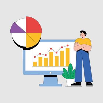 hombre en pie por computadora mostrando bar y línea grafico con tarta gráfico vector