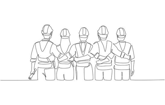 Continuous one line drawing depicting group of construction workers standing side by side with their arms around each other, symbolizing teamwork, unity, collaboration, single line art vector