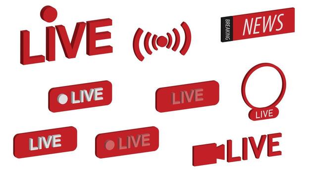 Various 3D Live Streaming Icons on White Background for Broadcast and Online Media vector
