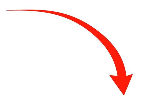 Vibrant red arrow curving downwards on a clean white backdrop indicating decline and negative trend with a sense of urgency and direction vector