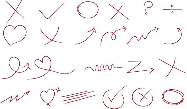 Handdrawn red doodles displaying arrows hearts checkmarks and symbols on white background vector