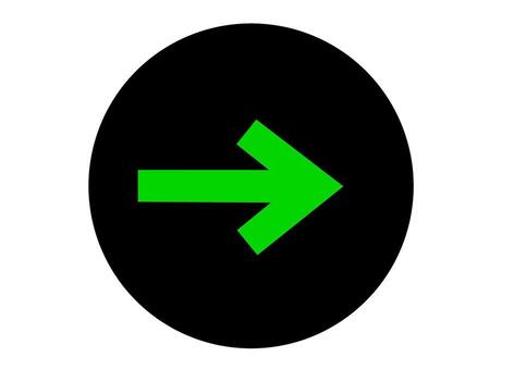 Vibrant green arrow pointing right on a black circular background indicating direction and movement conveying a sense of progress and forward momentum on white backd vector