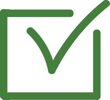 Green check mark confirming task completion inside a square box on a white background conveying approval and success vector