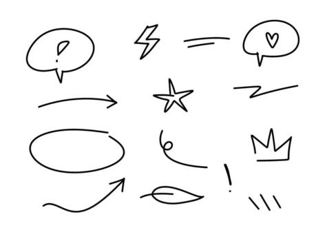 Handdrawn doodle elements on a white background showcasing speech bubbles arrows and symbols creating a playful and creative atmosphere vector