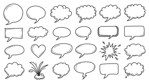 Handdrawn speech bubbles and thought clouds in a doodle style for communication design vector