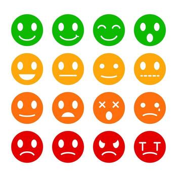 Isolate Emoticons Icon set, Emotion stickers, Rating graphic elements, Red, Green, Yellow Smile Clip art, Satisfaction, interface symbol for App, Presentation and Infographics. vector