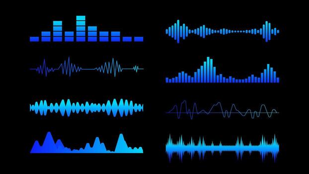 azul degradado audio forma de onda colección con futurista sonido visualización elementos para música, podcast, y digital medios de comunicación diseño vector