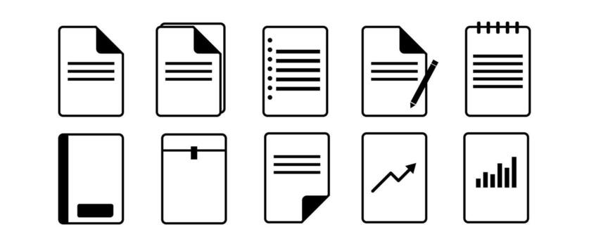 Document Outline Icon Collection with Files, Reports, Notes, and Business Paper Symbols for Office and Digital UI vector