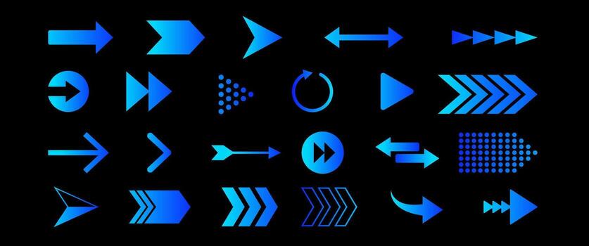 azul futurista flecha diseño colección con degradado direccional símbolos para digital interfaz y moderno gráfico proyectos vector