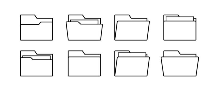 Outline Folder Icon Symbol Set with Open, Closed, and Document Storage Variations for Business and Digital File Management vector