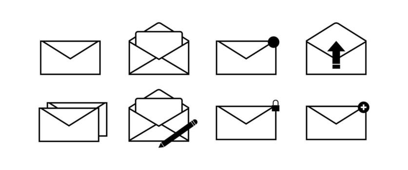 Outline Mail Icon Collection with Envelopes, Messages, Notifications, and Communication Symbols for Business and Digital Apps vector