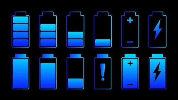 Futuristic Battery Icon Symbol Collection with Gradient Power Levels and Energy Charging Indicators for Digital UI vector