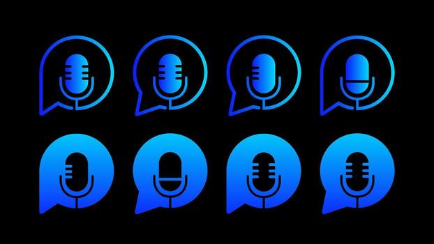 Blue Futuristic Microphone Icon Collection with Gradient Speech Bubble Design for Modern Podcast Streaming and Audio Communication Set vector