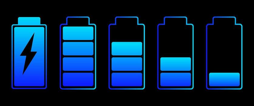 Blue Gradient Battery Icons Design Set with Power Level Indicators for Digital Energy and Charging UI vector